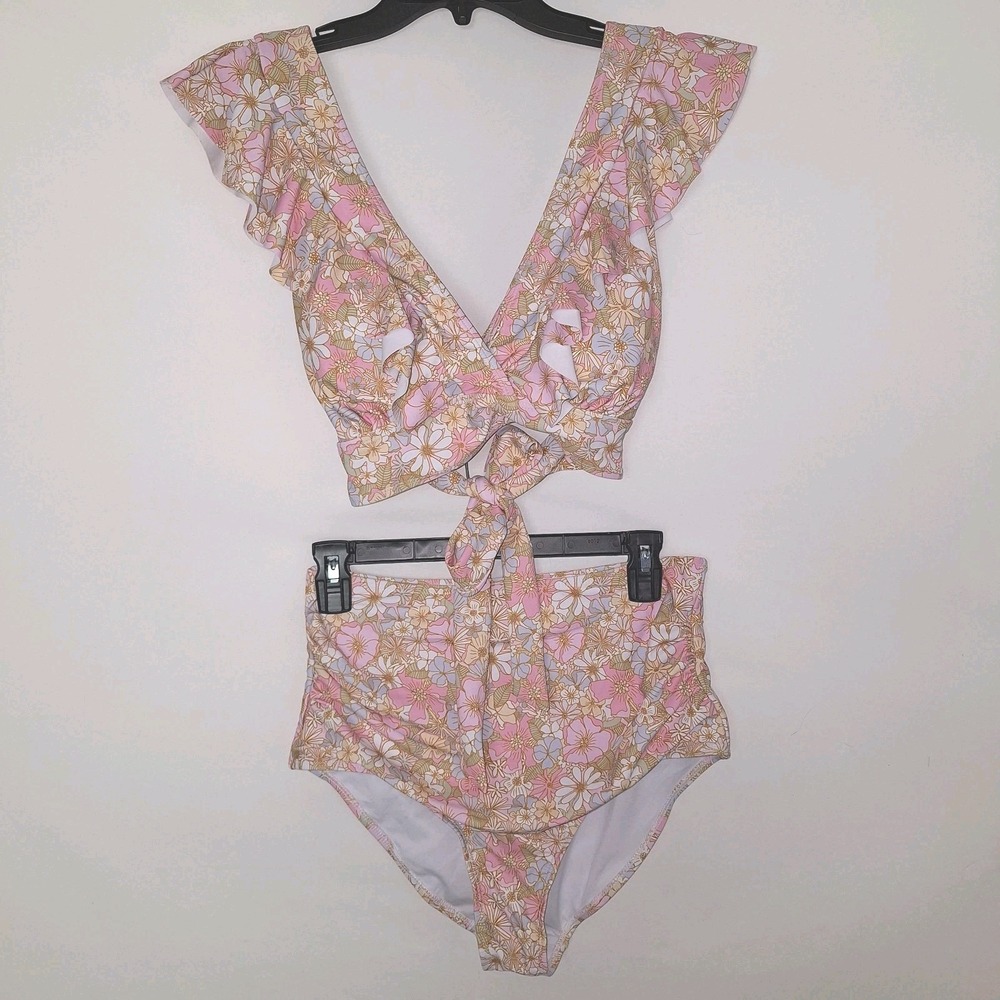 Cottagecore Coquette Floral 2 Piece Bikini Top and High Waisted Bottom - Size M